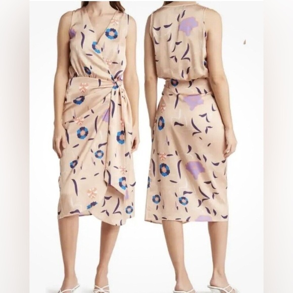 NWT Bonheur d'Amour Floral Wrap Dress Beige Tan Spring Sz L - Picture 1 of 11